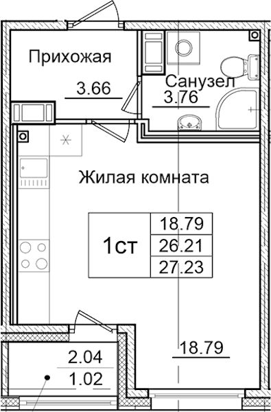 Квартира студия 27.23 м², 8/9 эт., ЖК «Квартал Заречье»
